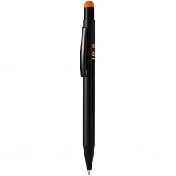 in alluminio con materiale gommato al tatto, personalizzabile solo con incisione laser. Il logo inciso a laser avrà lo stesso colore del touch screen. Chiusura a scatto. Refill nero A (arancione)