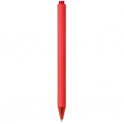 in plastica rivestita in materiale gommato al tatto, chiusura a scatto e refill nero a inchiostro gel R (rosso)