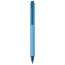 in plastica rivestita in materiale gommato al tatto, chiusura a scatto e refill nero a inchiostro gel SK (blu sky)