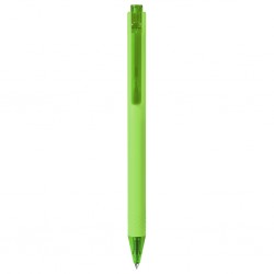 in plastica rivestita in materiale gommato al tatto, chiusura a scatto e refill nero a inchiostro gel VA (verde acido)