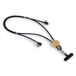 con connettori micro USB (tipo C) alle estremità. Funge da comodo porta cellulare regolabile tramite passanti in metallo, con inserto in bambù per la personalizzazione (Ø 3,8 cm.), moschettone in metallo e con accessorio in poliestere personalizzabile (5,9x1,6 cm.) per il trasporto del cellulare da inserire tra il cellulare e la sua custodia