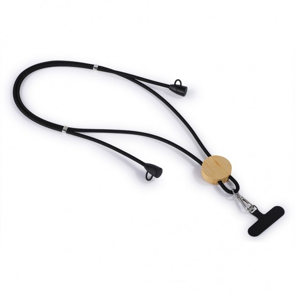 con connettori micro USB (tipo C) alle estremità. Funge da comodo porta cellulare regolabile tramite passanti in metallo, con inserto in bambù per la personalizzazione (Ø 3,8 cm.), moschettone in metallo e con accessorio in poliestere personalizzabile (5,9x1,6 cm.) per il trasporto del cellulare da inserire tra il cellulare e la sua custodia