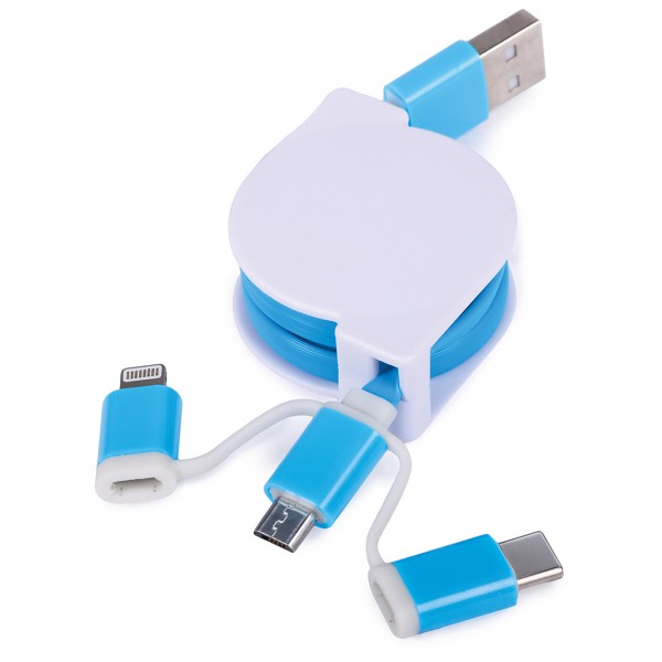 CAVETTO 3 IN 1 PER RICARICA E TRASFERIMENTO DATI IN PLASTICA Sky blue