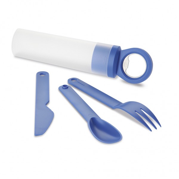 APRIBOTTIGLIE CON SET POSATE IN METALLO E PLASTICA Blu