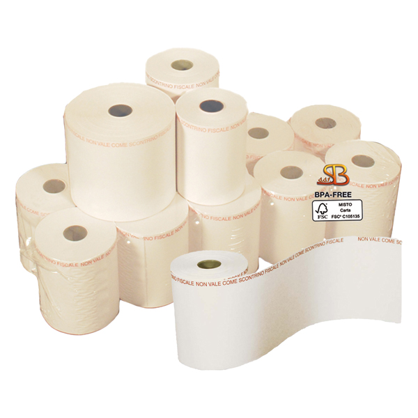 Rotolo per bilancia - 62,5 mm x 38 m - 112 gr - diametro esterno 82 mm - anima 25 mm - carta termica adesiva BPA free - Sabacart - blister 4 pezzi