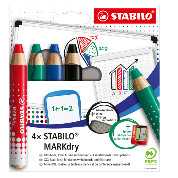 Matitoni MARKdry per lavagne - con temperino e panno microfibra - Stabilo - astuccio 4 pezzi Matitoni MARKdry per lavagne - con temperino e panno microfibra - Stabilo - astuccio 4 pezzi