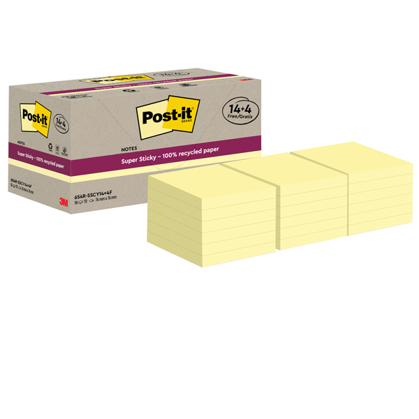Blocco foglietti Post-it SuperSticky Green - 654R-SSCY14+4 - 76 x 76 mm - carta riciclata - giallo Canary - 70 fogli - Post-it - conf. 18 blocchi Blocco foglietti Post-it SuperSticky Green - 654R-SSCY14+4 - 76 x 76 mm - carta riciclata - giallo Canary - 70 fogli - Post-it - conf. 18 blocchi