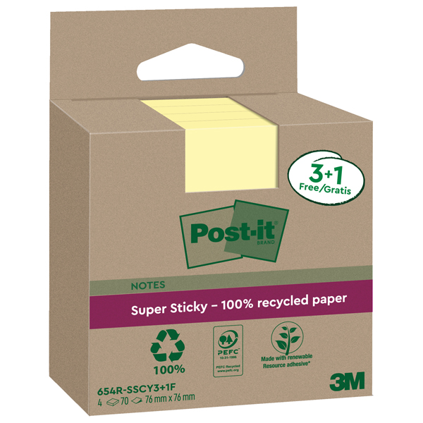 Blocco foglietti Post-it SuperSticky Green - 654R-SSCY3+1 - 76 x 76 mm - carta riciclata - giallo Canary - 70 fogli - Post-it - conf. 4 blocchi Blocco foglietti Post-it SuperSticky Green - 654R-SSCY3+1 - 76 x 76 mm - carta riciclata - giallo Canary - 70 fogli - Post-it - conf. 4 blocchi