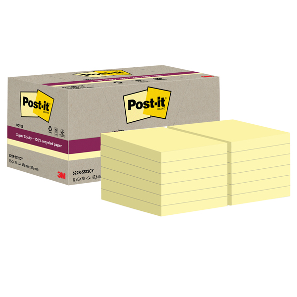 Blocco foglietti Post-it SuperSticky Green - 622R-SSCY - 47,6 x 47,6 mm - carta riciclata - giallo Canary - 70 fogli - Post-it - conf. 12 blocchi Blocco foglietti Post-it SuperSticky Green - 622R-SSCY - 47,6 x 47,6 mm - carta riciclata - giallo Canary - 70 fogli - Post-it - conf. 12 blocchi