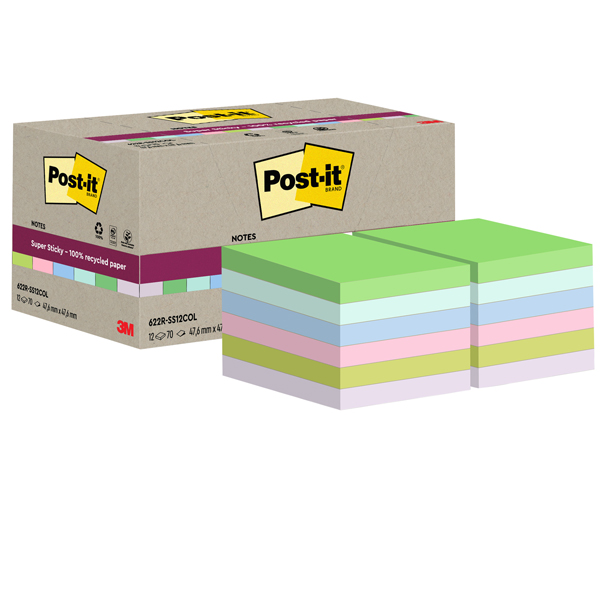 Blocco foglietti Post-it SuperSticky Green - 622R-SS12COL - 47,6 x 47,6 mm - carta riciclata - colori pastello assortiti - 70 fogli - Post-it - conf. 12 blocchi Blocco foglietti Post-it SuperSticky Green - 622R-SS12COL - 47,6 x 47,6 mm - carta riciclata - colori pastello assortiti - 70 fogli - Post-it - conf. 12 blocchi