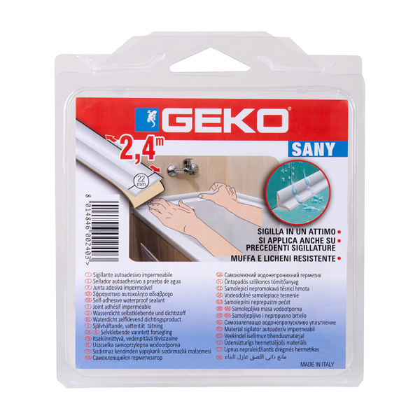 Sigillante adesivo SANY - per doccia e lavabi - 2,2 cm x 2,4 m - PIB - bianco - Geko Sigillante adesivo SANY - per doccia e lavabi - 2,2 cm x 2,4 m - PIB - bianco - Geko