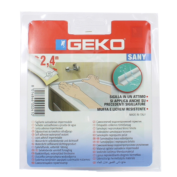 Sigillante adesivo SANY - per doccia e lavabi - 4 cm x 2,4 m - PIB - bianco - Geko Sigillante adesivo SANY - per doccia e lavabi - 4 cm x 2,4 m - PIB - bianco - Geko