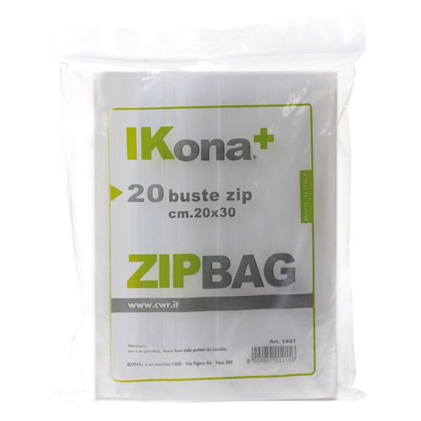 Sacchetti Zip - 20 x 30 cm - PE - trasparente - Ikona+ - conf. 20 pezzi Sacchetti Zip - 20 x 30 cm - PE - trasparente - Ikona+ - conf. 20 pezzi