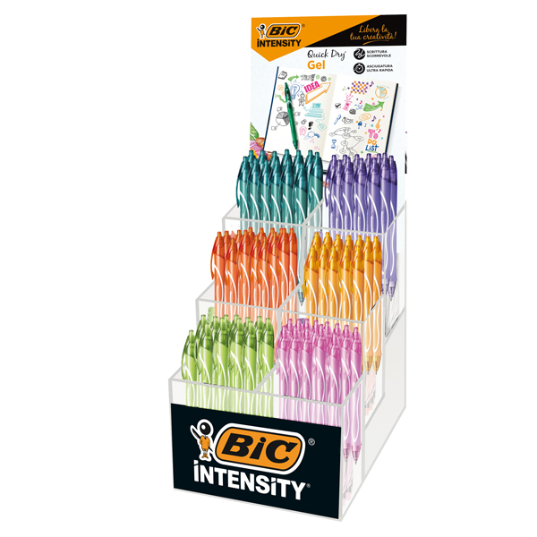 Penna a sfera a scatto Intensity Gel Quick Dry - punta 0,7mm - colori assortiti - Bic - expo 102 pezzi Penna a sfera a scatto Intensity Gel Quick Dry - punta 0,7mm - colori assortiti - Bic - expo 102 pezzi