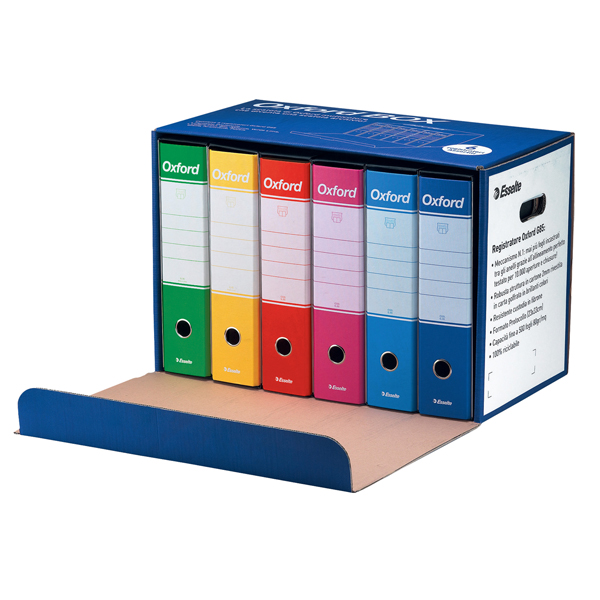 Scatola registratori Oxford G85 - dorso - 8 cm - protocollo 23 x 33 cm - colori assortiti - Esselte - conf. 6 pezzi Scatola registratori Oxford G85 - dorso - 8 cm - protocollo 23 x 33 cm - colori assortiti - Esselte - conf. 6 pezzi