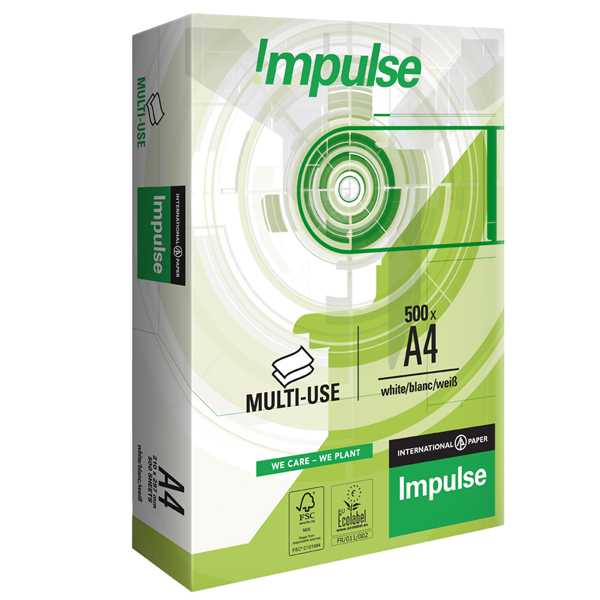 Carta per fotocopie IMPULSE Green A4 75 gr/mq colore bianco CIE 161 spessore 102 micron ecolabel FSC risma da 500 fogli cf 5 risme