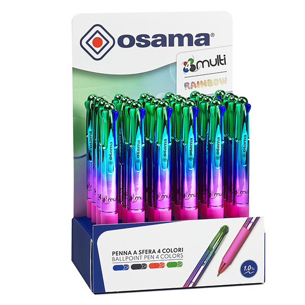 Penna a sfera scatto 4 Color - colori Rainbow assortiti - Osama - expo 24 pezzi Penna a sfera scatto 4 Color - colori Rainbow assortiti - Osama - expo 24 pezzi