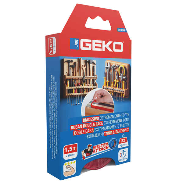 Nastro biadesivo EXTREME Mister Attach - 19 mm x 1,5 m - LDPE - grigio/rosso - Geko Nastro biadesivo EXTREME Mister Attach - 19 mm x 1,5 m - LDPE - grigio/rosso - Geko