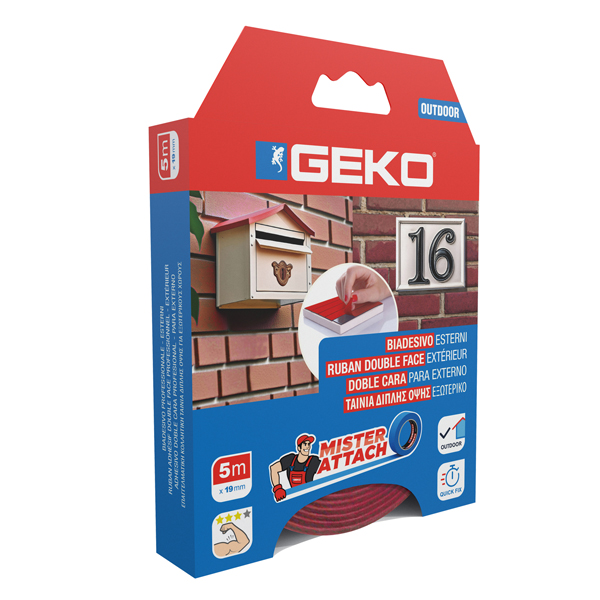 Nastro biadesivo OUTDOOR Mister Attach - 19 mm x 5 m - PP - grigio/rosso - Geko Nastro biadesivo OUTDOOR Mister Attach - 19 mm x 5 m - PP - grigio/rosso - Geko