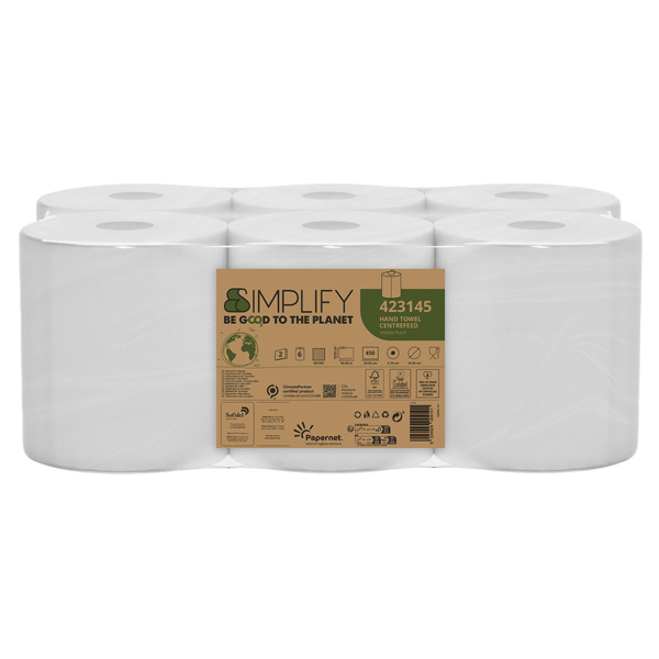 Asciugamani in rotolo Centrefeed Simplify - 19,6 cm x 90 m - diametro 18,5 cm - 17,5 gr - 450 strappi - 2 veli - bianco - Papernet
