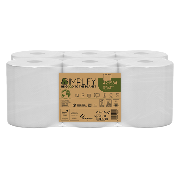 Asciugamani in rotolo Autocut Simplify - 19,6 cm x 130 m - diametro 18,5 cm - 19,5 gr - 2 veli - bianco - Papernet