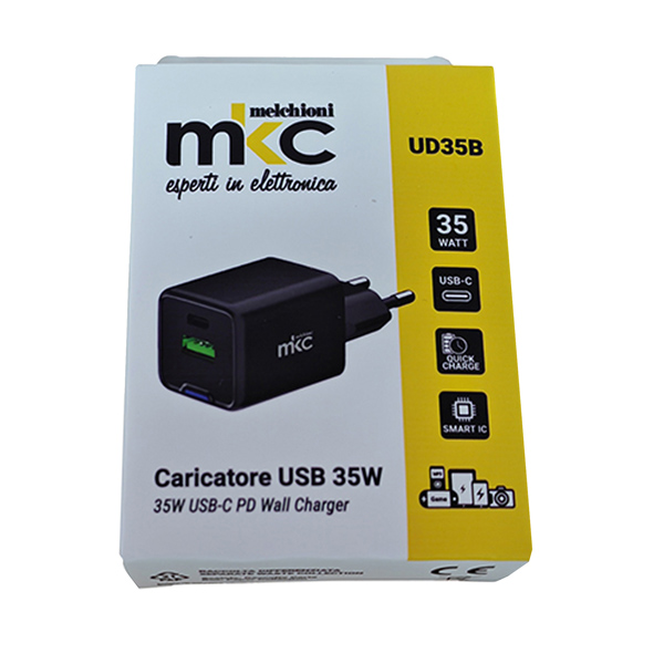 Caricatore USB -  35W -  1 USB-C + 1 USB-A - Nero - MKC Melchioni