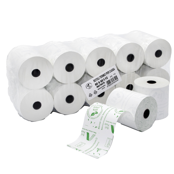 Rotolo per registratori di cassa - carta termica BPA free - 80 mm x 60 mt - 48 gr - diametro esterno 64 mm - anima 12 mm - Rotolific io Pugliese - blister 10 pezzi Rotolo per registratori di cassa - carta termica BPA free - 80 mm x 60 mt - 48 gr - diametro esterno 64 mm - anima 12 mm - Rotolific io Pugliese - blister 10 pezzi