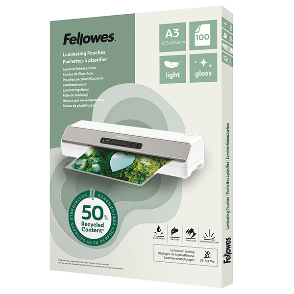 Pouches riciclate - A3 - 2x80 micron - Fellowes - scatola 100 pezzi Pouches riciclate - A3 - 2x80 micron - Fellowes - scatola 100 pezzi