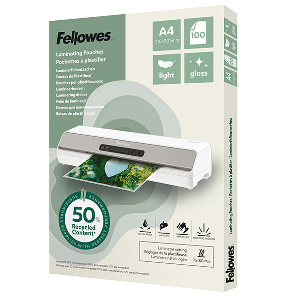 Pouches riciclate - A4 - 2x80 micron - Fellowes - scatola 100 pezzi Pouches riciclate - A4 - 2x80 micron - Fellowes - scatola 100 pezzi