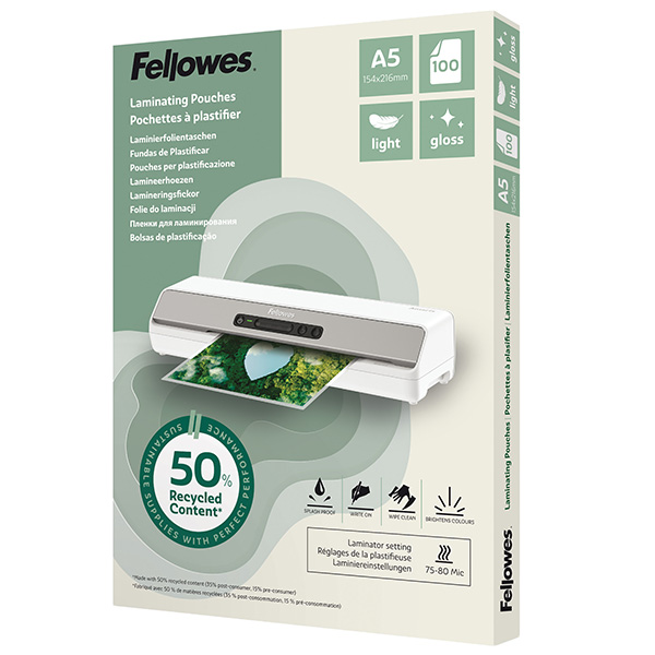 Pouches riciclate - A5 - 2x80 micron - Fellowes - scatola 100 pezzi Pouches riciclate - A5 - 2x80 micron - Fellowes - scatola 100 pezzi