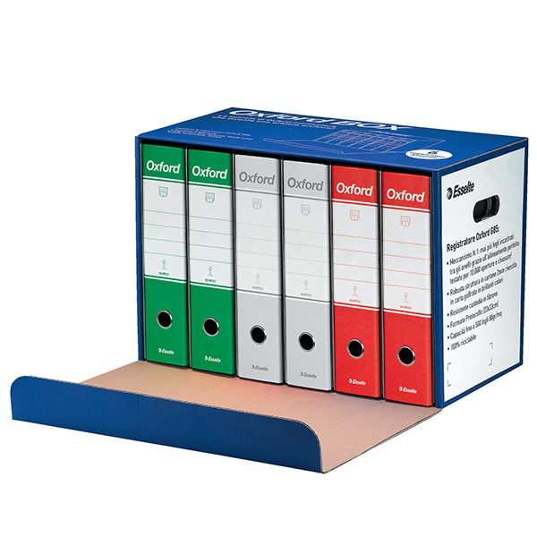 Scatola registratori Oxford box Italia G85 - dorso - 8 cm - protocollo 23 x 33 cm - colori assortiti - Esselte - conf. 6 pezzi Scatola registratori Oxford box Italia G85 - dorso - 8 cm - protocollo 23 x 33 cm - colori assortiti - Esselte - conf. 6 pezzi