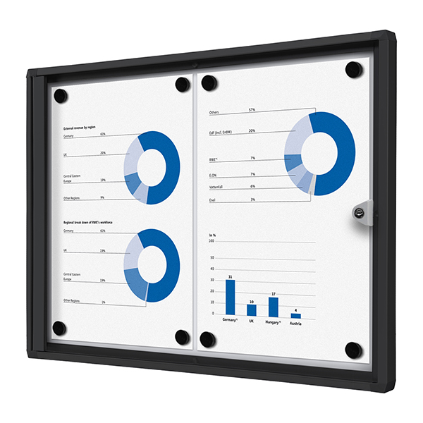 Bacheca per interni - con ante battenti -  2 fogli A4 - cornice nera - orizzontale - Showdown