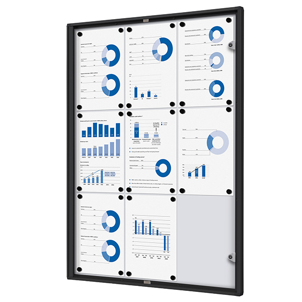 Bacheca per interni - con ante battenti -  9 fogli A4 - cornice nera - verticale - Showdown