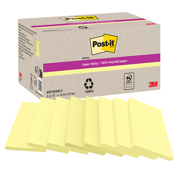 Blocco foglietti Post-it SuperSticky - 622R-SS8CY - 75 x 127 mm - carta riciclata - giallo Canary - 70 fogli - Post-it - conf. 8 bl occhi Blocco foglietti Post-it SuperSticky - 622R-SS8CY - 75 x 127 mm - carta riciclata - giallo Canary - 70 fogli - Post-it - conf. 8 bl occhi