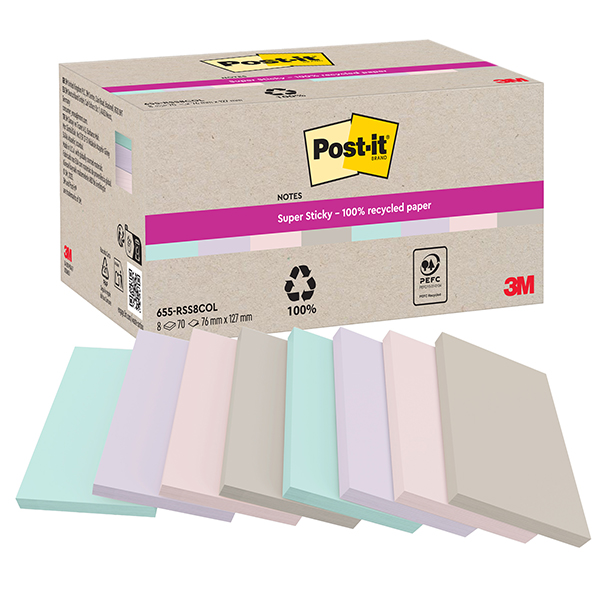 Blocco foglietti Post-it SuperSticky - 622R-SS8COL - 75 x 127 mm - carta riciclata - assortiti - 70 fogli - Post-it - conf. 8 blocc hi Blocco foglietti Post-it SuperSticky - 622R-SS8COL - 75 x 127 mm - carta riciclata - assortiti - 70 fogli - Post-it - conf. 8 blocc hi