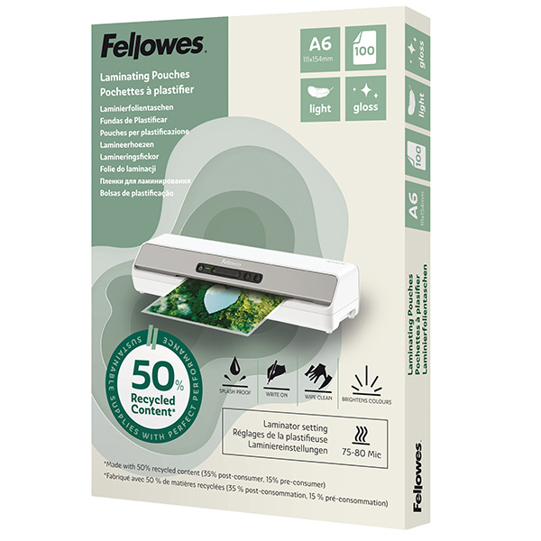 Pouches riciclate - A6 - 2x80 micron - Fellowes - scatola 100 pezzi Pouches riciclate - A6 - 2x80 micron - Fellowes - scatola 100 pezzi