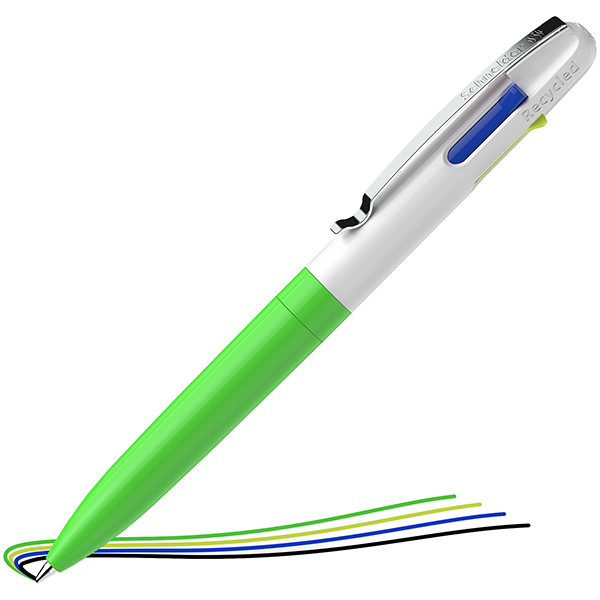 Penna a sfera Take 4 - punta media - 4 colori - fusto verde fluo - Schneider Penna a sfera Take 4 - punta media - 4 colori - fusto verde fluo - Schneider