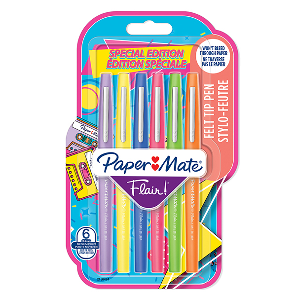 Pennarello Flair Nylon - punta feltro - 1,10mm - colori assortiti Retrò - Papermate - conf. 6 pezzi Pennarello Flair Nylon - punta feltro - 1,10mm - colori assortiti Retrò - Papermate - conf. 6 pezzi