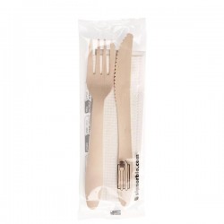 Bis posate con tovagliolo - legno naturale - Signor Bio - conf. 50 pezzi