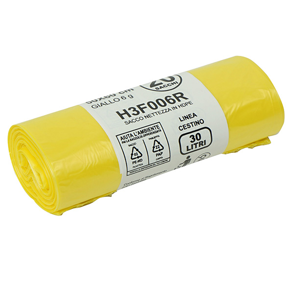 Sacco rifiuti - immondizia HDPE - 50 x 60 cm - 30 L - 15my - giallo - Bio Extrusion - conf. 20 pezzi