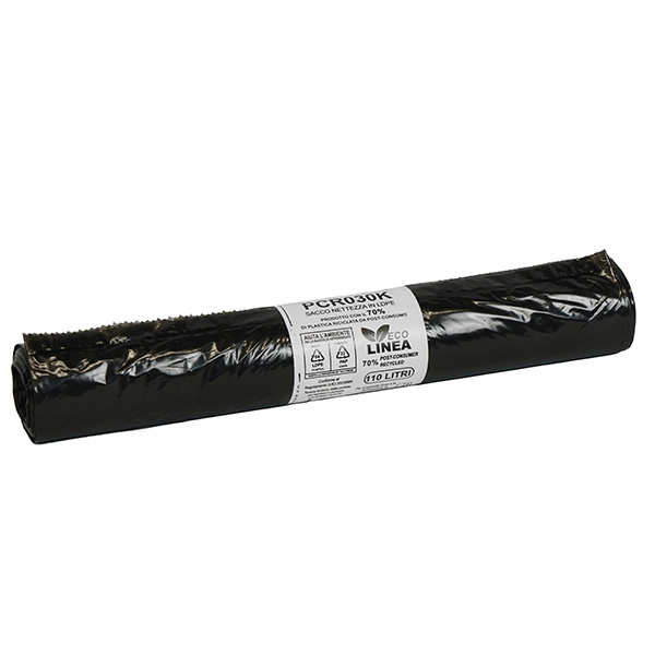 Sacco rifiuti - immondizia PCR - 72 x 110 cm - 110 L - 30 gr - nero -Bio Extrusion - conf. 10 pezzi