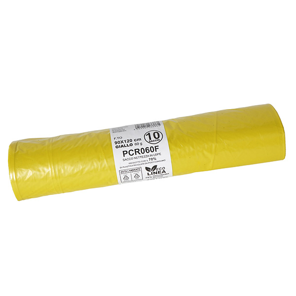 Sacco rifiuti - immondizia PCR - 90 x 120 cm - 120 L - 60 gr - giallo -Bio Extrusion - conf. 10 pezzi