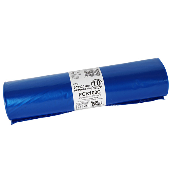 Sacco rifiuti - immondizia PCR - 90 x 120 cm - 120 L - 60 gr - azzurro -Bio Extrusion - conf. 10 pezzi