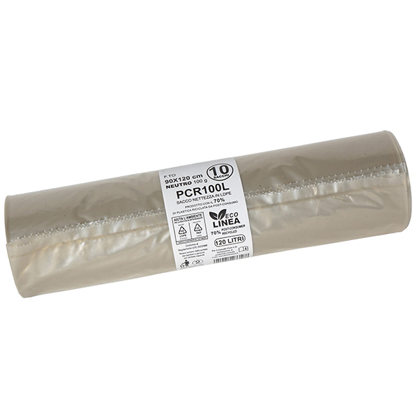 Sacco rifiuti - immondizia PCR - 90 x 120 cm - 120 L - 100 gr - neutro -Bio Extrusion - conf. 10 pezzi
