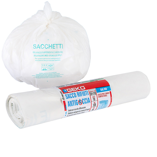 Sacchi per rifiuti organici Sac Bio - 70 x 110cm - 120 L - 12 micron - bianco - Geko - rotolo da 10 sacchetti