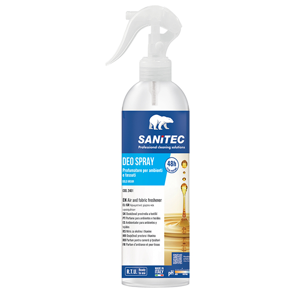 Profumatore Deo Spray - per ambienti e tessuti - trigger 300 ml - gold argan - Sanitec Profumatore Deo Spray - per ambienti e tessuti - trigger 300 ml - gold argan - Sanitec