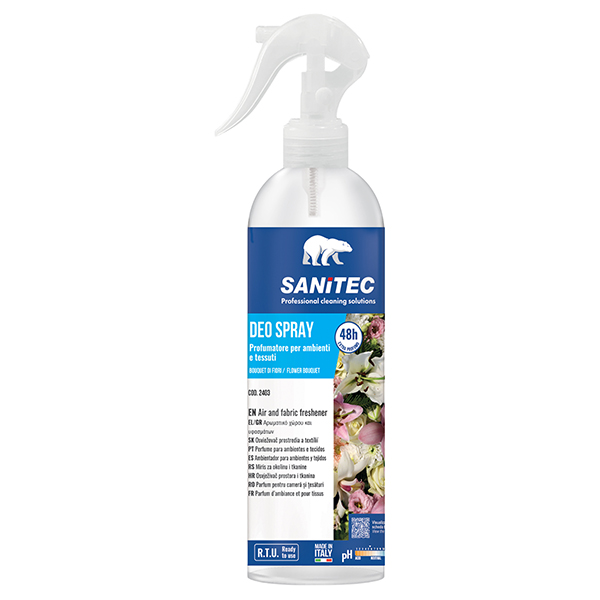 Profumatore Deo Spray - per ambienti e tessuti - trigger 300 ml - bouquet di fiori - Sanitec Profumatore Deo Spray - per ambienti e tessuti - trigger 300 ml - bouquet di fiori - Sanitec