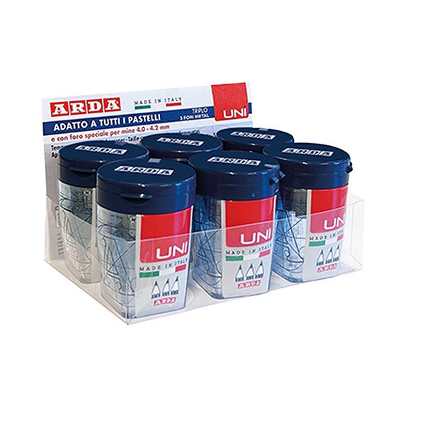Temperamatite Triplo UNI - 3 fori - c/contenitore - nero e trasparente - Arda Temperamatite Triplo UNI - 3 fori - c/contenitore - nero e trasparente - Arda