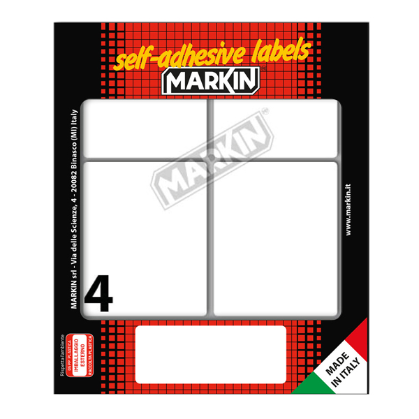 Etichette adesive - in carta - permanenti - 70 x 56 mm - 4 et/fg - 10 fogli - bianco - Markin Etichette adesive - in carta - permanenti - 70 x 56 mm - 4 et/fg - 10 fogli - bianco - Markin
