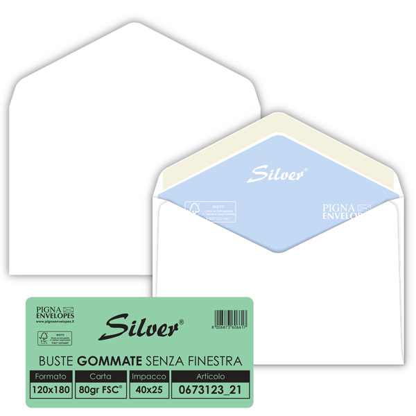 Busta Busta Silver Matic FSC - senza finestra - gommata - 12 x 18 cm - 80 gr - bianco - Pigna Envelopes - conf. 25 pezzi Busta Busta Silver Matic FSC - senza finestra - gommata - 12 x 18 cm - 80 gr - bianco - Pigna Envelopes - conf. 25 pezzi